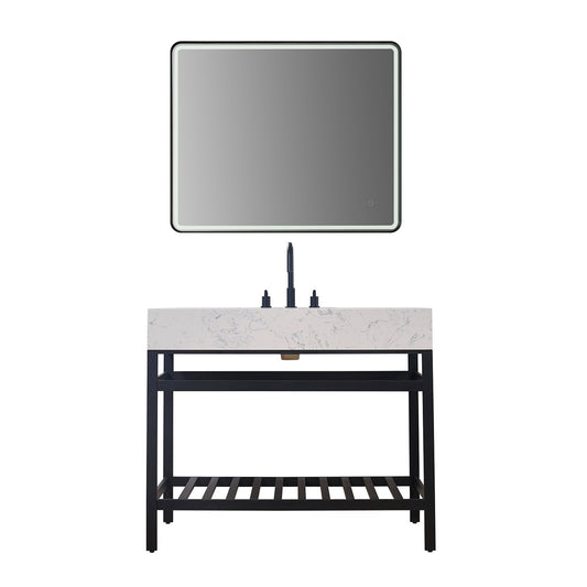 Merano 42" Single Stainless Steel Vanity Console in Matt Black with Aosta White Stone Countertop and Mirror