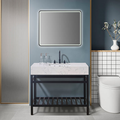 Merano 42" Single Stainless Steel Vanity Console in Matt Black with Aosta White Stone Countertop and Mirror