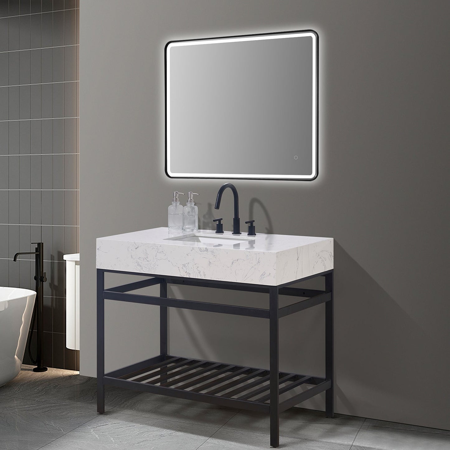 Merano 42" Single Stainless Steel Vanity Console in Matt Black with Aosta White Stone Countertop and Mirror