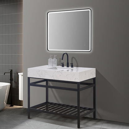 Merano 42" Single Stainless Steel Vanity Console in Matt Black with Aosta White Stone Countertop and Mirror