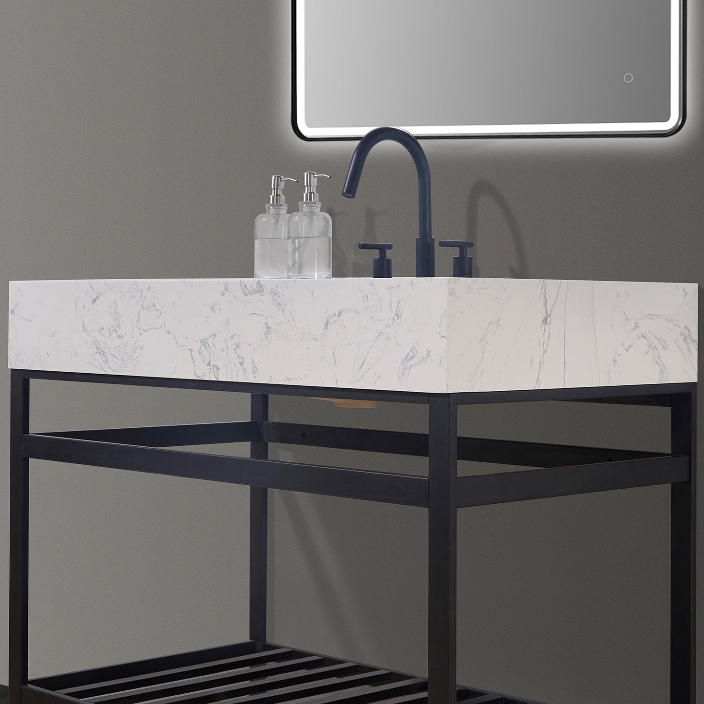 Merano 42" Single Stainless Steel Vanity Console in Matt Black with Aosta White Stone Countertop and Mirror