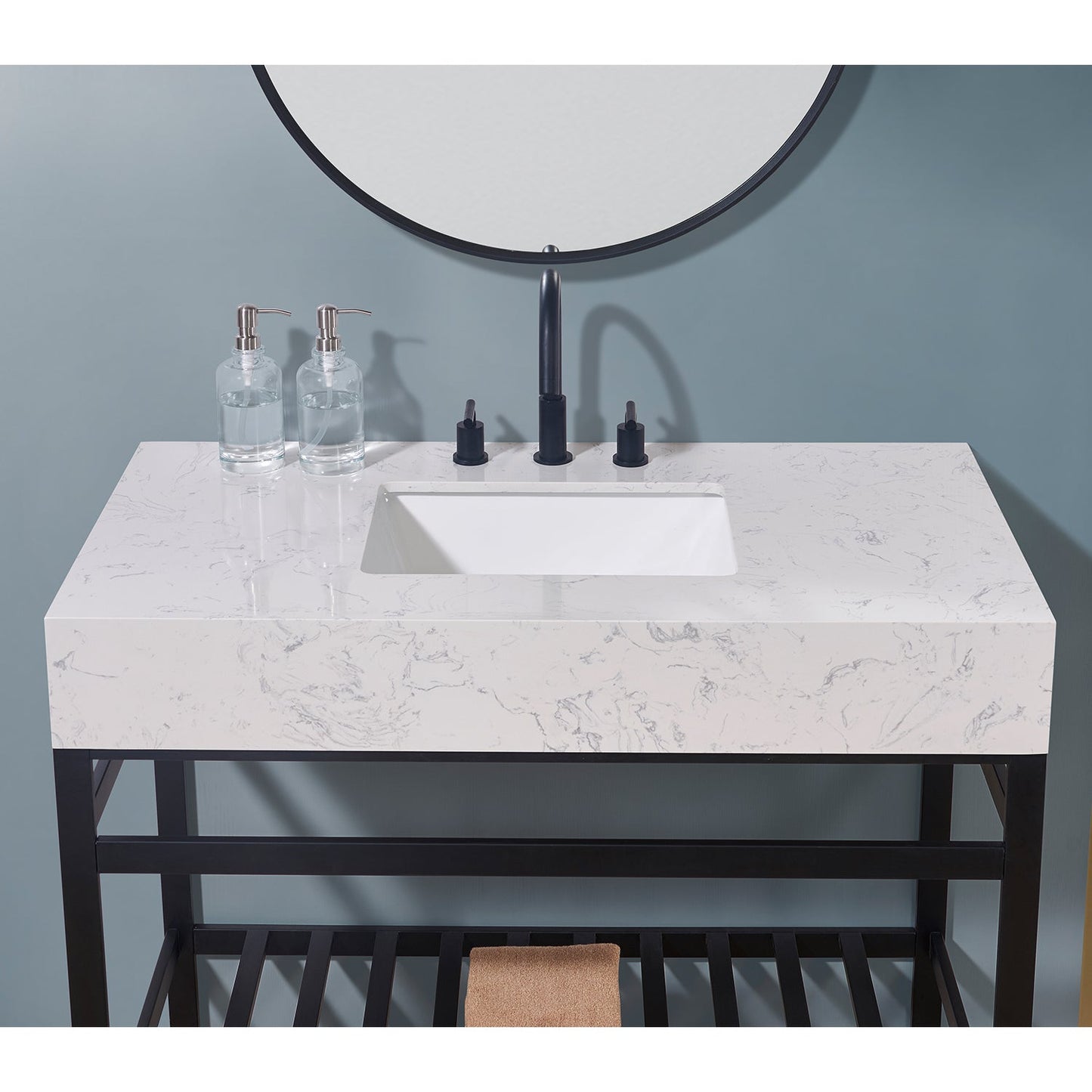42"  Composite Stone Vanity Top in Aosta White Apron with White Sink