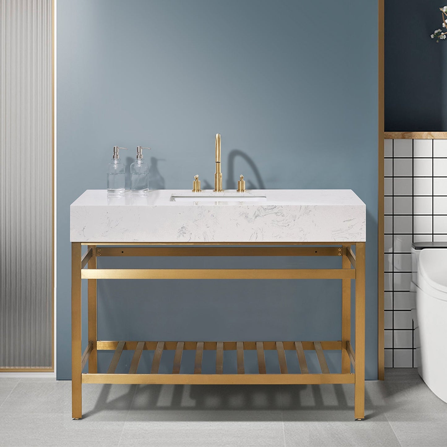 Merano 48" Single Stainless Steel Vanity Console in Brushed Gold with Aosta White Stone Countertop without Mirror