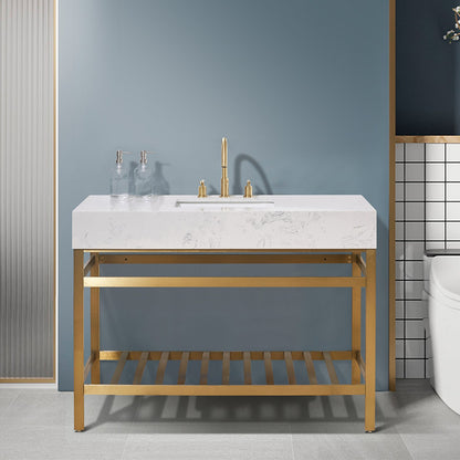Merano 48" Single Stainless Steel Vanity Console in Brushed Gold with Aosta White Stone Countertop without Mirror