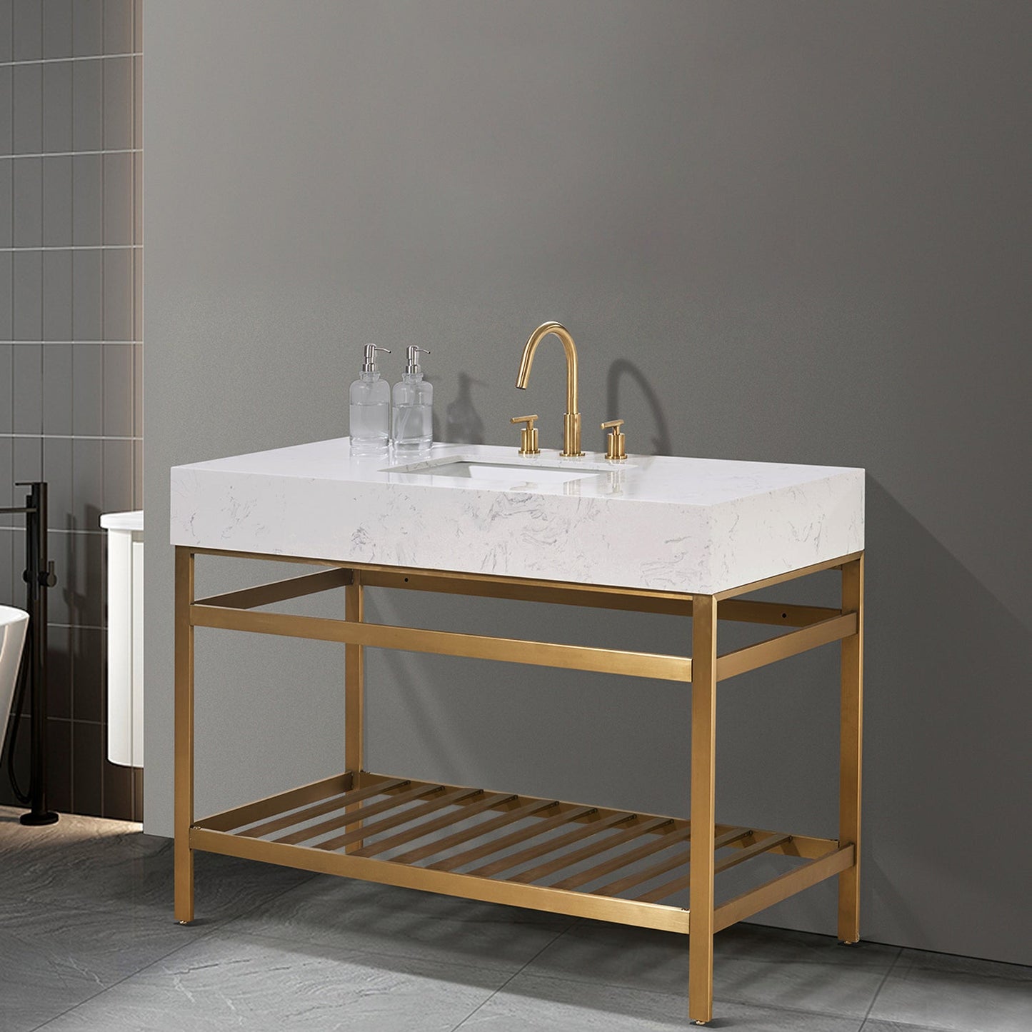Merano 48" Single Stainless Steel Vanity Console in Brushed Gold with Aosta White Stone Countertop without Mirror