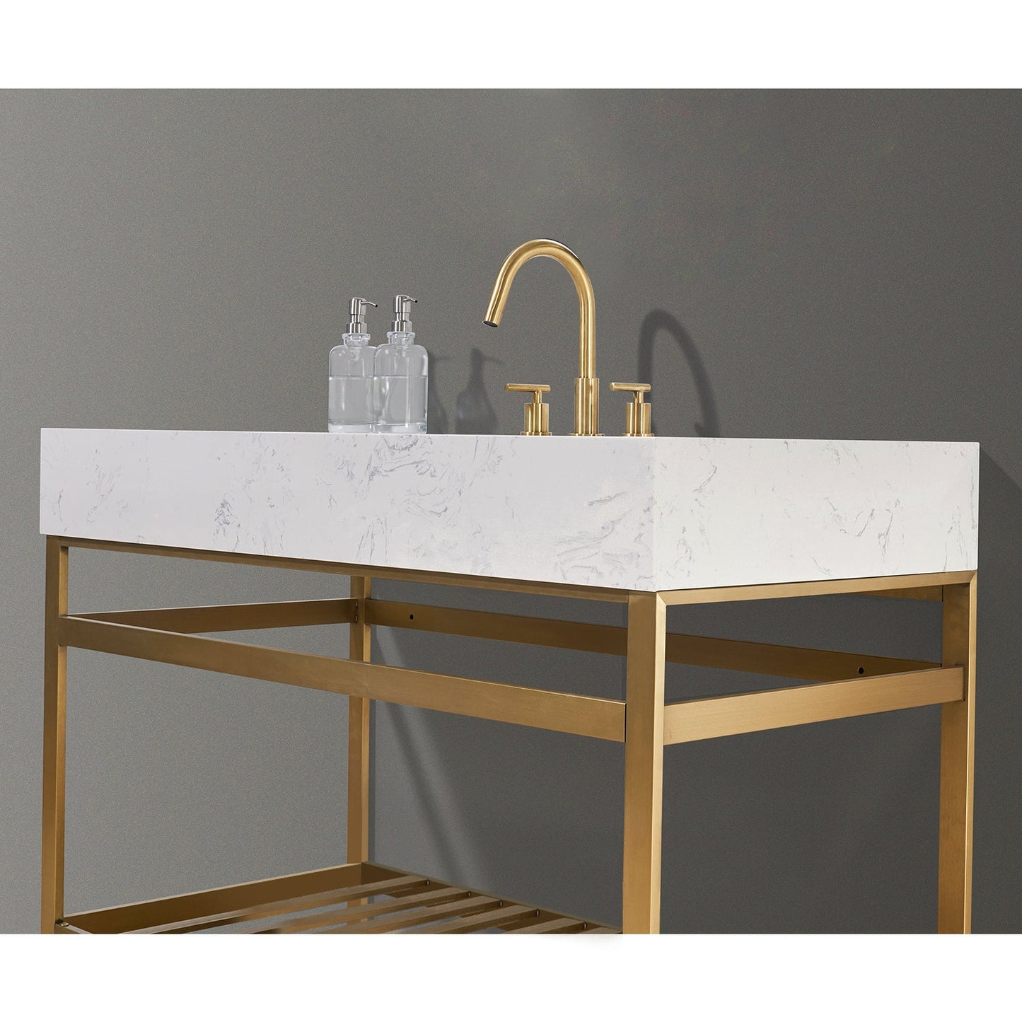Merano 48" Single Stainless Steel Vanity Console in Brushed Gold with Aosta White Stone Countertop without Mirror