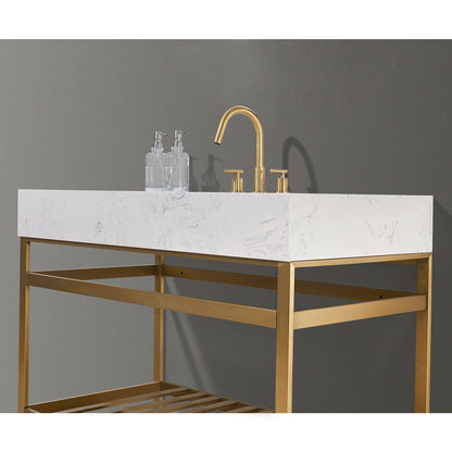 Merano 48" Single Stainless Steel Vanity Console in Brushed Gold with Aosta White Stone Countertop without Mirror