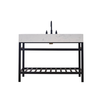 Merano 48" Single Stainless Steel Vanity Console in Matt Black with Aosta White Stone Countertop without Mirror
