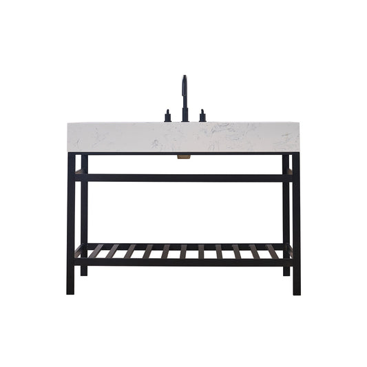 Merano 48" Single Stainless Steel Vanity Console in Matt Black with Aosta White Stone Countertop without Mirror