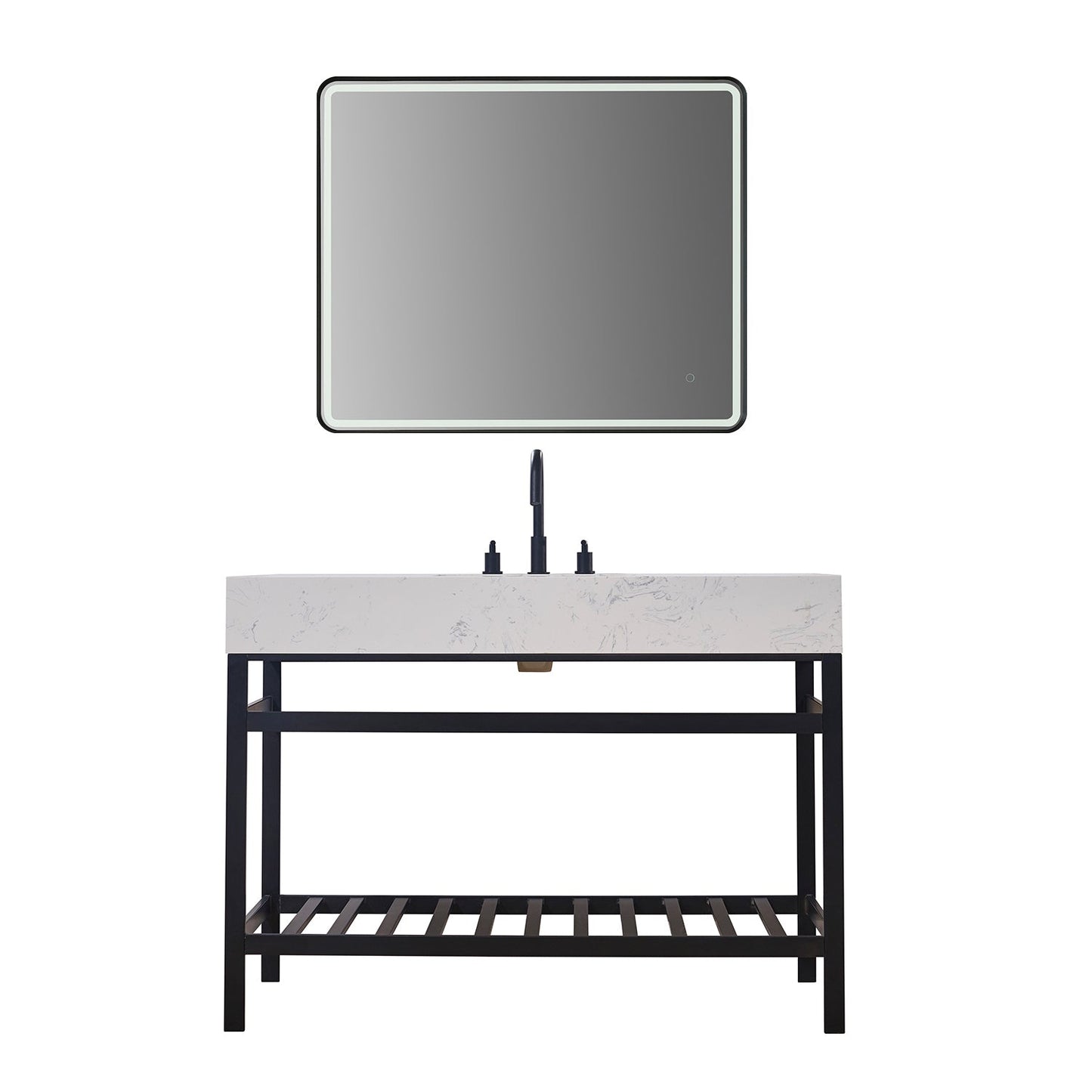 Merano 48" Single Stainless Steel Vanity Console in Matt Black with Aosta White Stone Countertop and Mirror