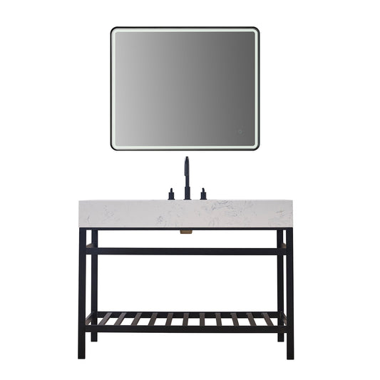 Merano 48" Single Stainless Steel Vanity Console in Matt Black with Aosta White Stone Countertop and Mirror