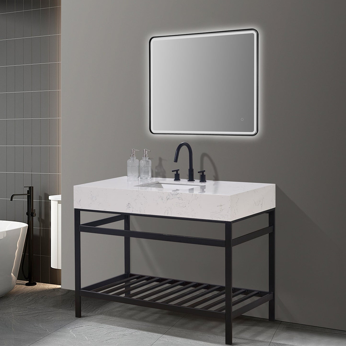 Merano 48" Single Stainless Steel Vanity Console in Matt Black with Aosta White Stone Countertop and Mirror