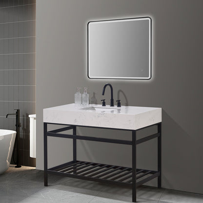 Merano 48" Single Stainless Steel Vanity Console in Matt Black with Aosta White Stone Countertop and Mirror