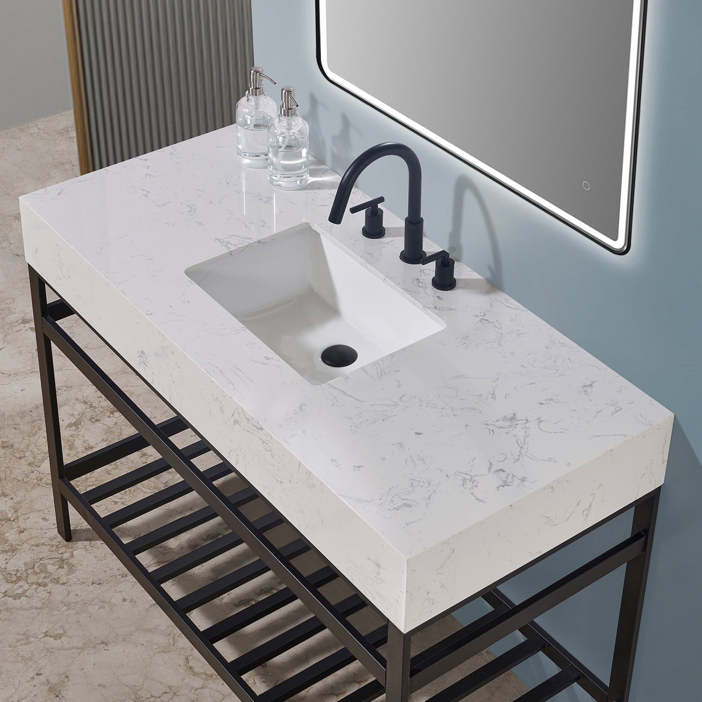 Merano 48" Single Stainless Steel Vanity Console in Matt Black with Aosta White Stone Countertop and Mirror