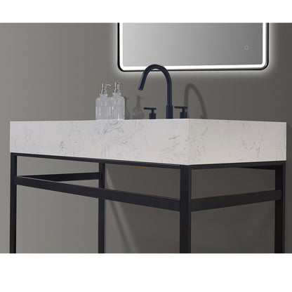 Merano 48" Single Stainless Steel Vanity Console in Matt Black with Aosta White Stone Countertop and Mirror