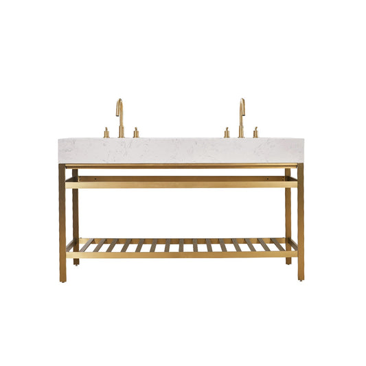 Merano 60" Double Stainless Steel Vanity Console in Brushed Gold with Aosta White Stone Countertop without Mirror