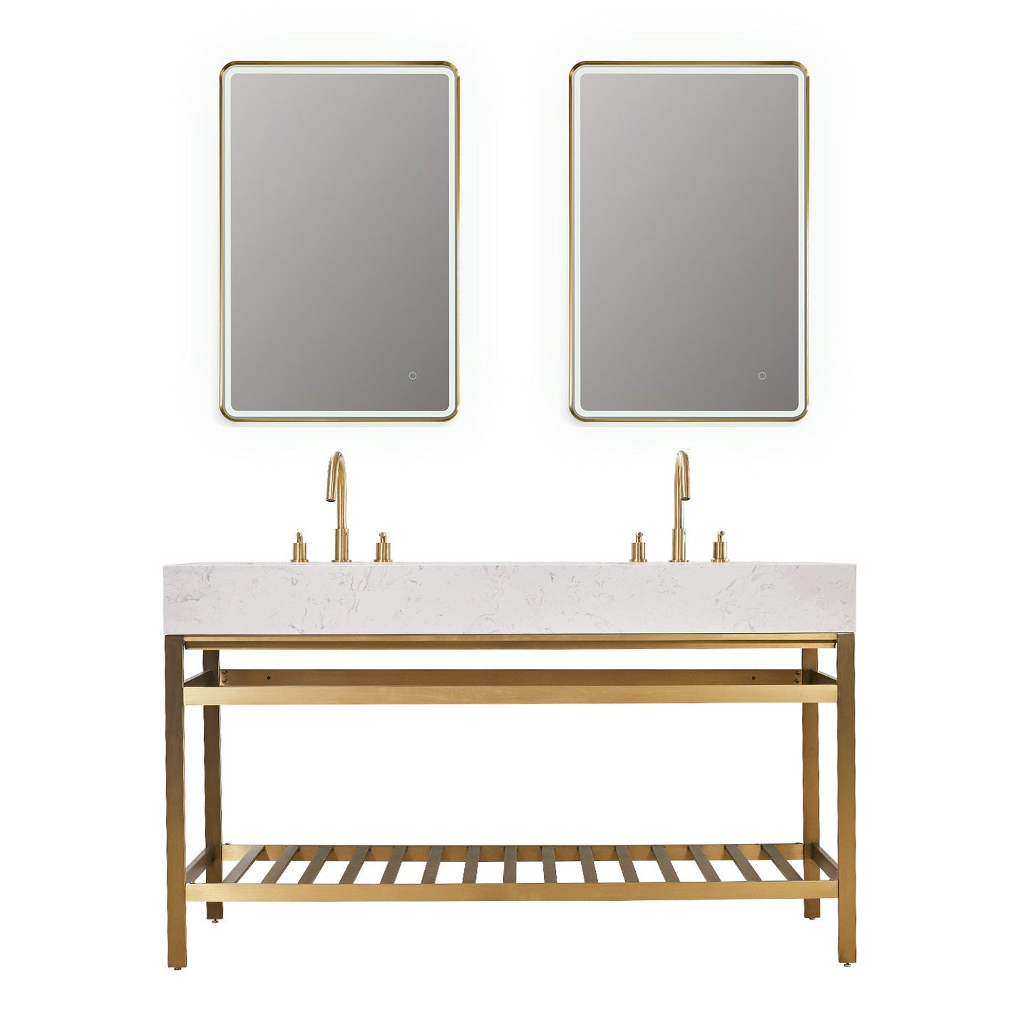 Merano 60" Double Stainless Steel Vanity Console in Brushed Gold with Aosta White Stone Countertop and Mirror