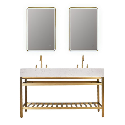 Merano 60" Double Stainless Steel Vanity Console in Brushed Gold with Aosta White Stone Countertop and Mirror