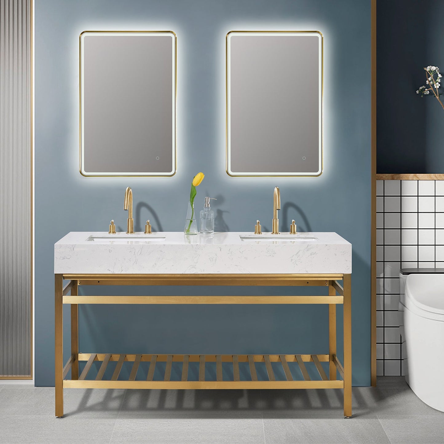 Merano 60" Double Stainless Steel Vanity Console in Brushed Gold with Aosta White Stone Countertop and Mirror