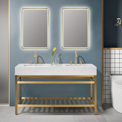 Merano 60" Double Stainless Steel Vanity Console in Brushed Gold with Aosta White Stone Countertop and Mirror