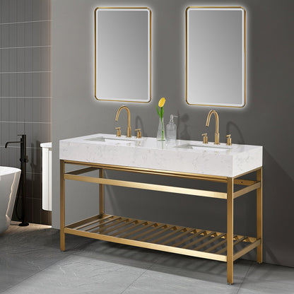 Merano 60" Double Stainless Steel Vanity Console in Brushed Gold with Aosta White Stone Countertop and Mirror