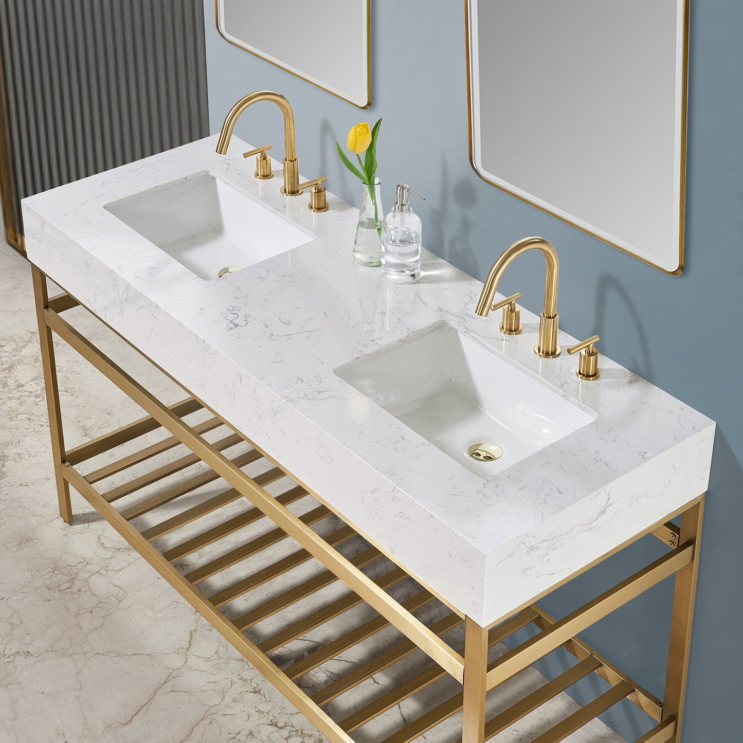 Merano 60" Double Stainless Steel Vanity Console in Brushed Gold with Aosta White Stone Countertop and Mirror