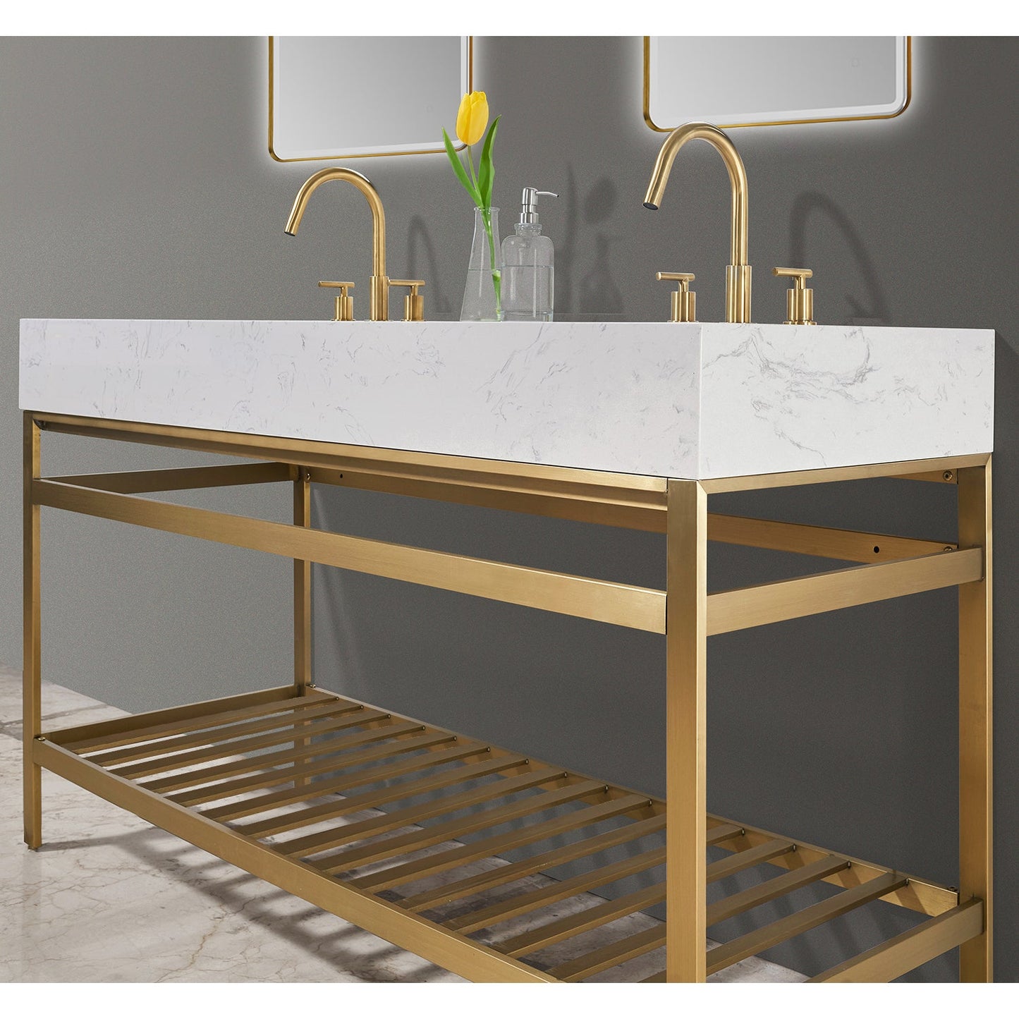 Merano 60" Double Stainless Steel Vanity Console in Brushed Gold with Aosta White Stone Countertop and Mirror