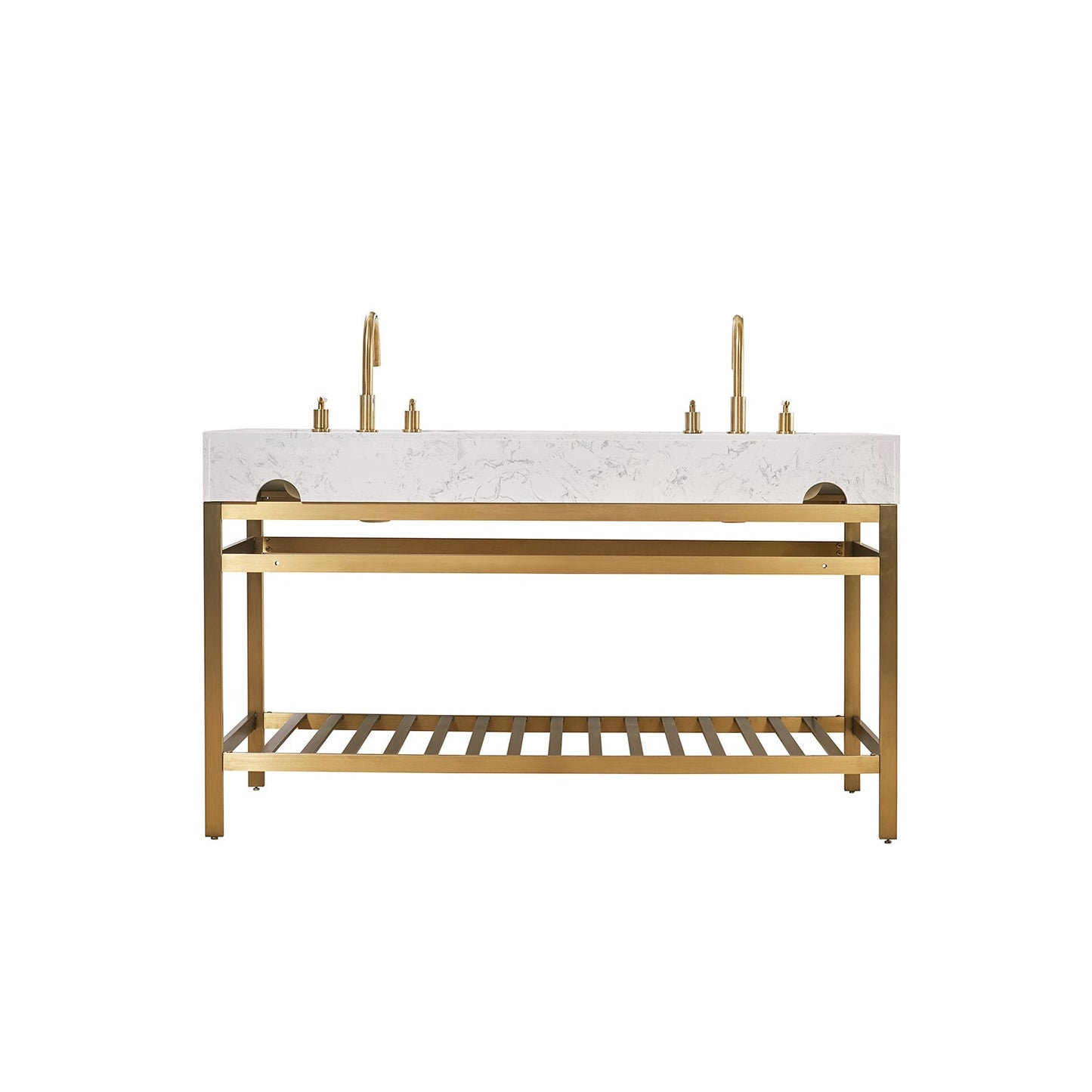 Merano 60" Double Stainless Steel Vanity Console in Brushed Gold with Aosta White Stone Countertop and Mirror