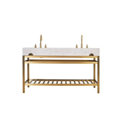 Merano 60" Double Stainless Steel Vanity Console in Brushed Gold with Aosta White Stone Countertop and Mirror