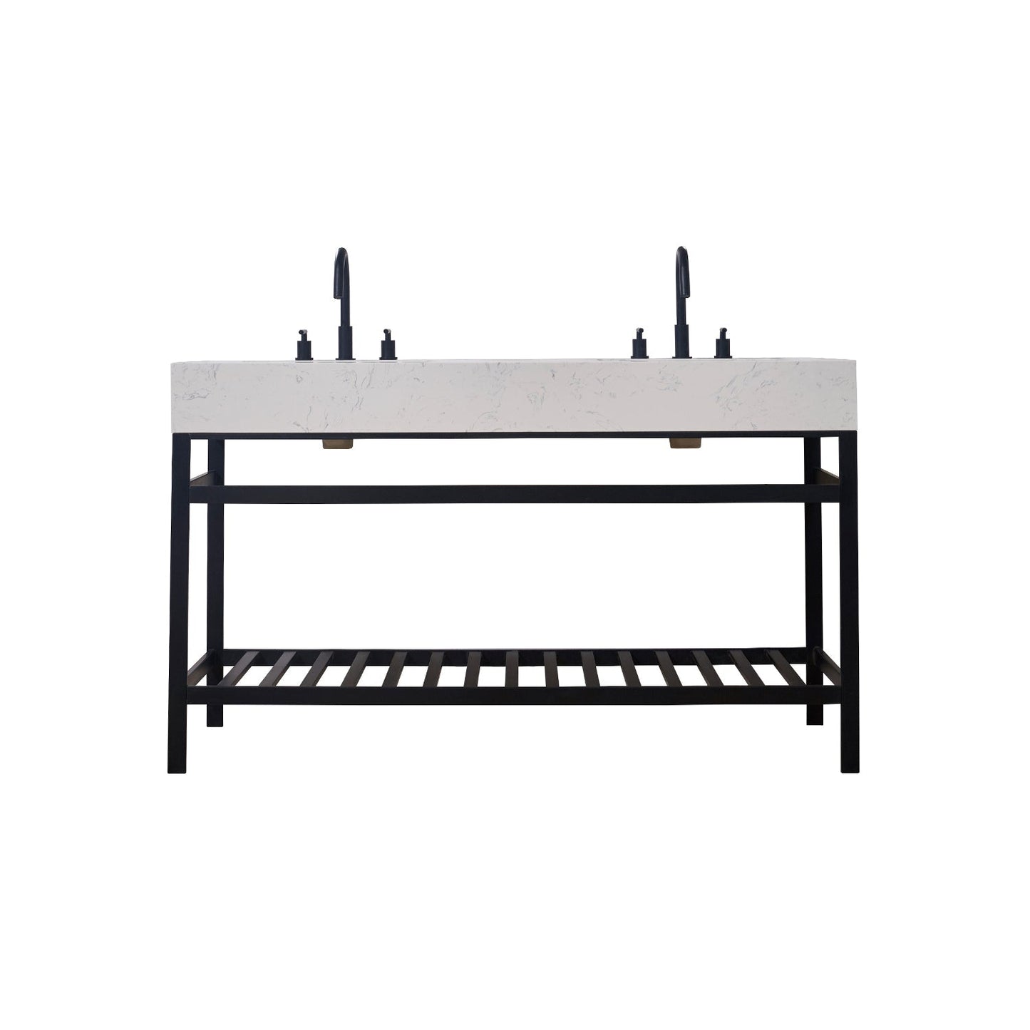 Merano 60" Double Stainless Steel Vanity Console in Matt Black with Aosta White Stone Countertop without Mirror