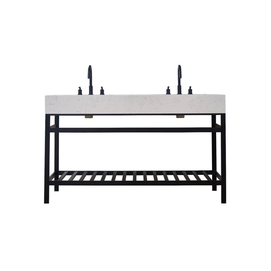 Merano 60" Double Stainless Steel Vanity Console in Matt Black with Aosta White Stone Countertop without Mirror