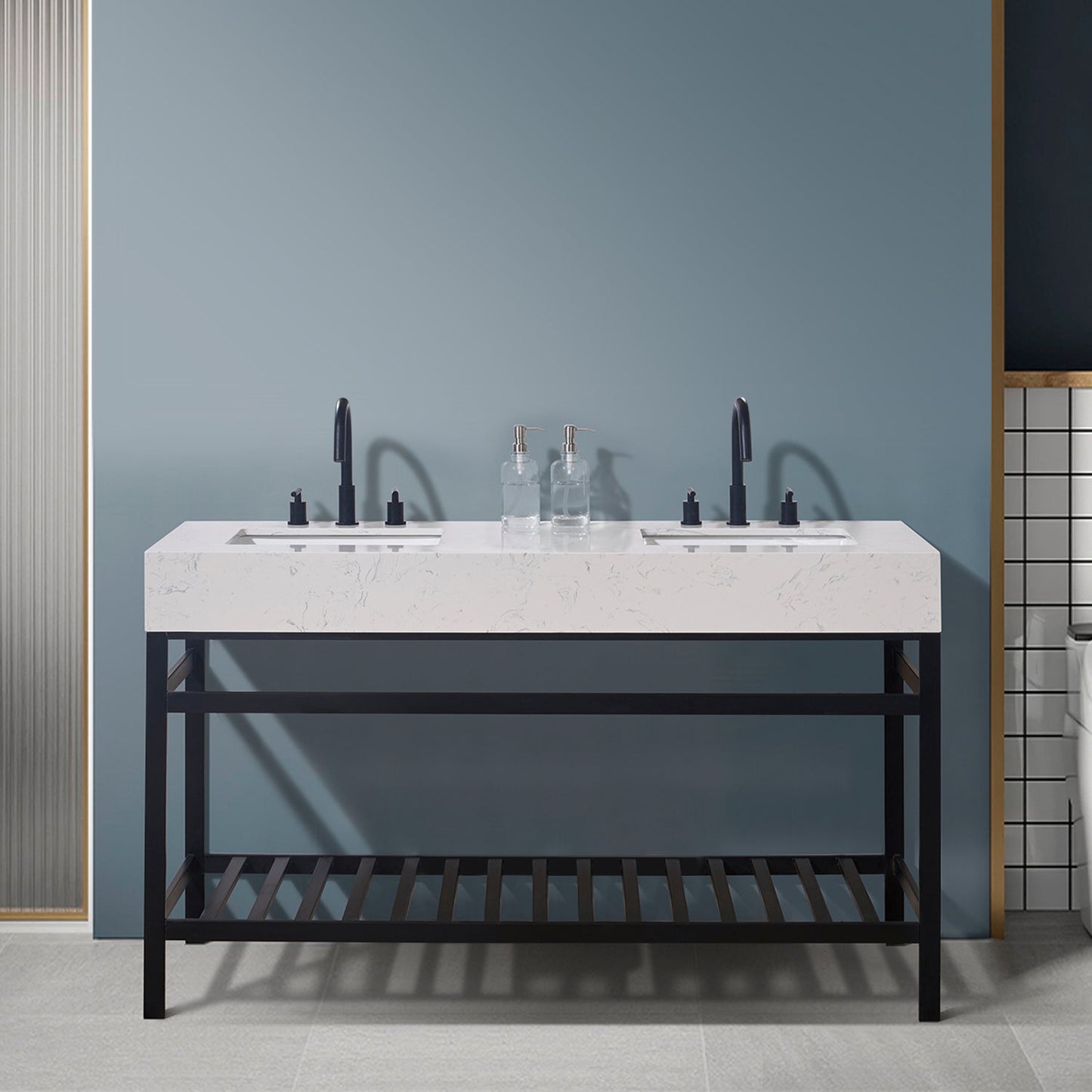 Merano 60" Double Stainless Steel Vanity Console in Matt Black with Aosta White Stone Countertop without Mirror