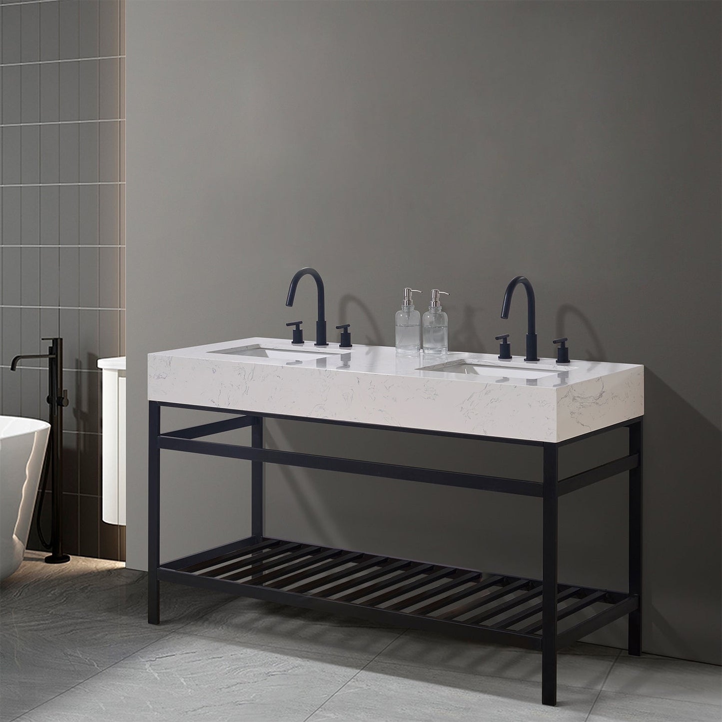 Merano 60" Double Stainless Steel Vanity Console in Matt Black with Aosta White Stone Countertop without Mirror
