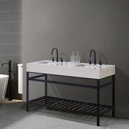 Merano 60" Double Stainless Steel Vanity Console in Matt Black with Aosta White Stone Countertop without Mirror