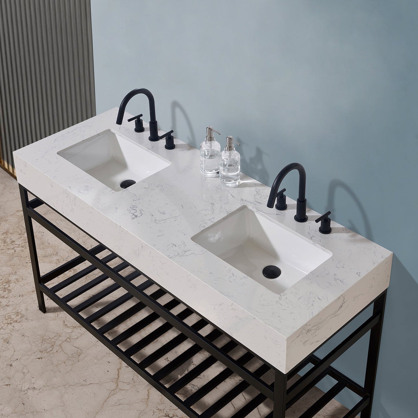 Merano 60" Double Stainless Steel Vanity Console in Matt Black with Aosta White Stone Countertop without Mirror