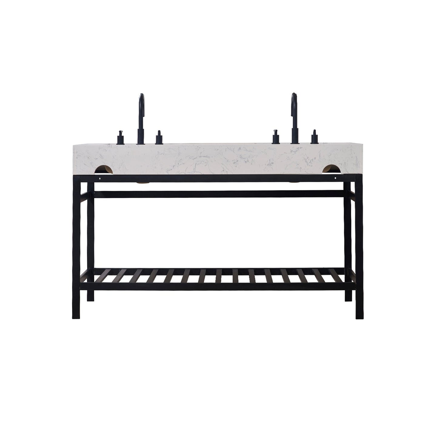 Merano 60" Double Stainless Steel Vanity Console in Matt Black with Aosta White Stone Countertop without Mirror