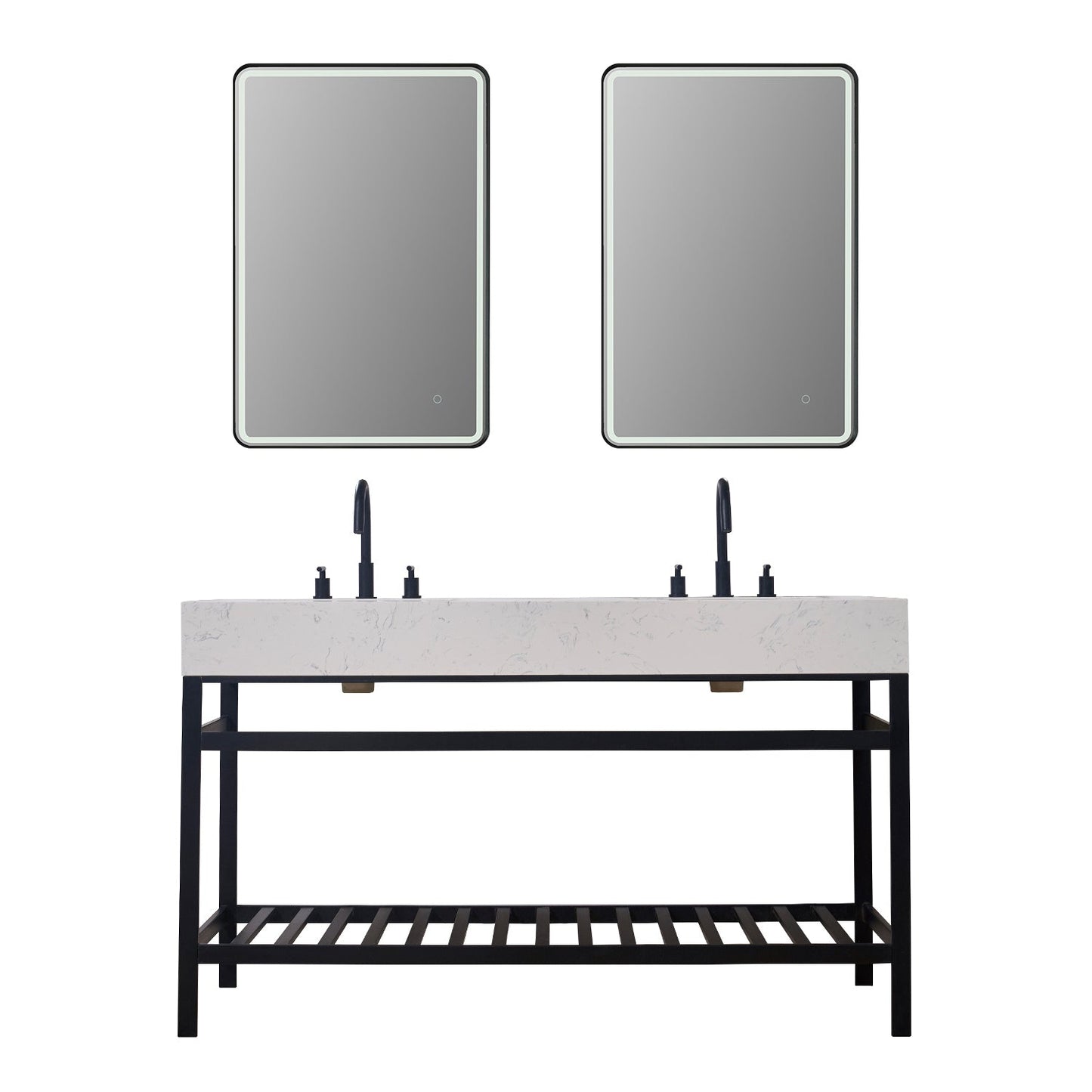 Merano 60" Double Stainless Steel Vanity Console in Matt Black with Aosta White Stone Countertop and Mirror