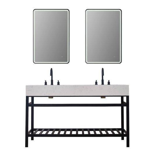 Merano 60" Double Stainless Steel Vanity Console in Matt Black with Aosta White Stone Countertop and Mirror