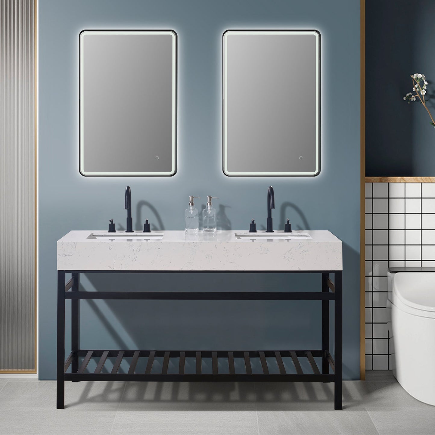 Merano 60" Double Stainless Steel Vanity Console in Matt Black with Aosta White Stone Countertop and Mirror