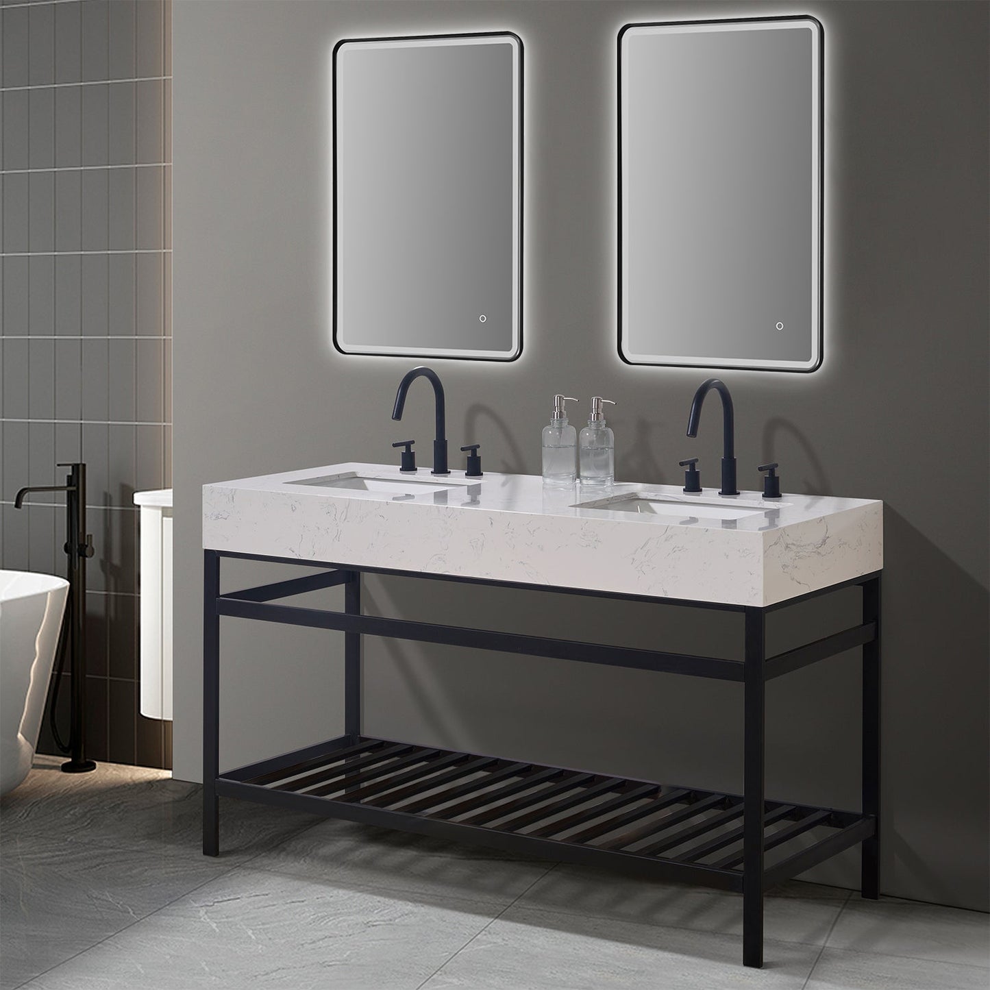 Merano 60" Double Stainless Steel Vanity Console in Matt Black with Aosta White Stone Countertop and Mirror