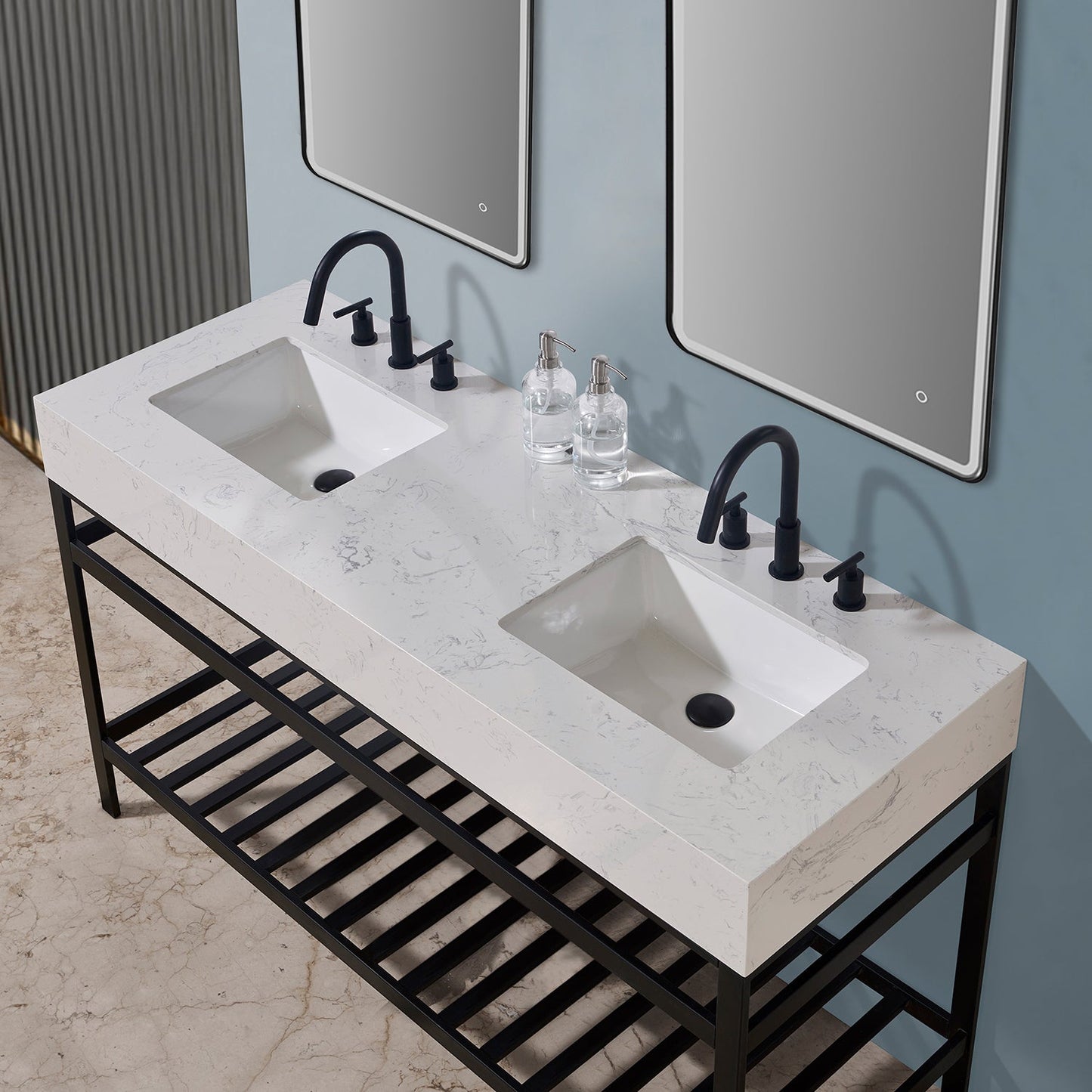 Merano 60" Double Stainless Steel Vanity Console in Matt Black with Aosta White Stone Countertop and Mirror