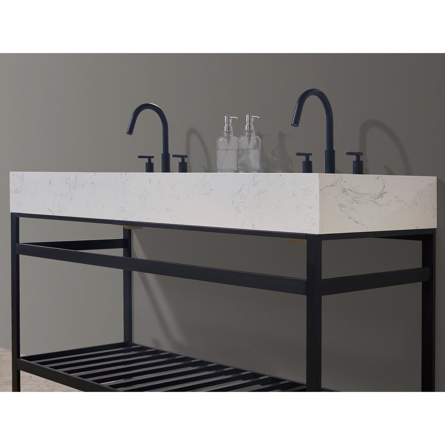 Merano 60" Double Stainless Steel Vanity Console in Matt Black with Aosta White Stone Countertop and Mirror