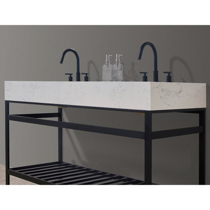 Merano 60" Double Stainless Steel Vanity Console in Matt Black with Aosta White Stone Countertop and Mirror