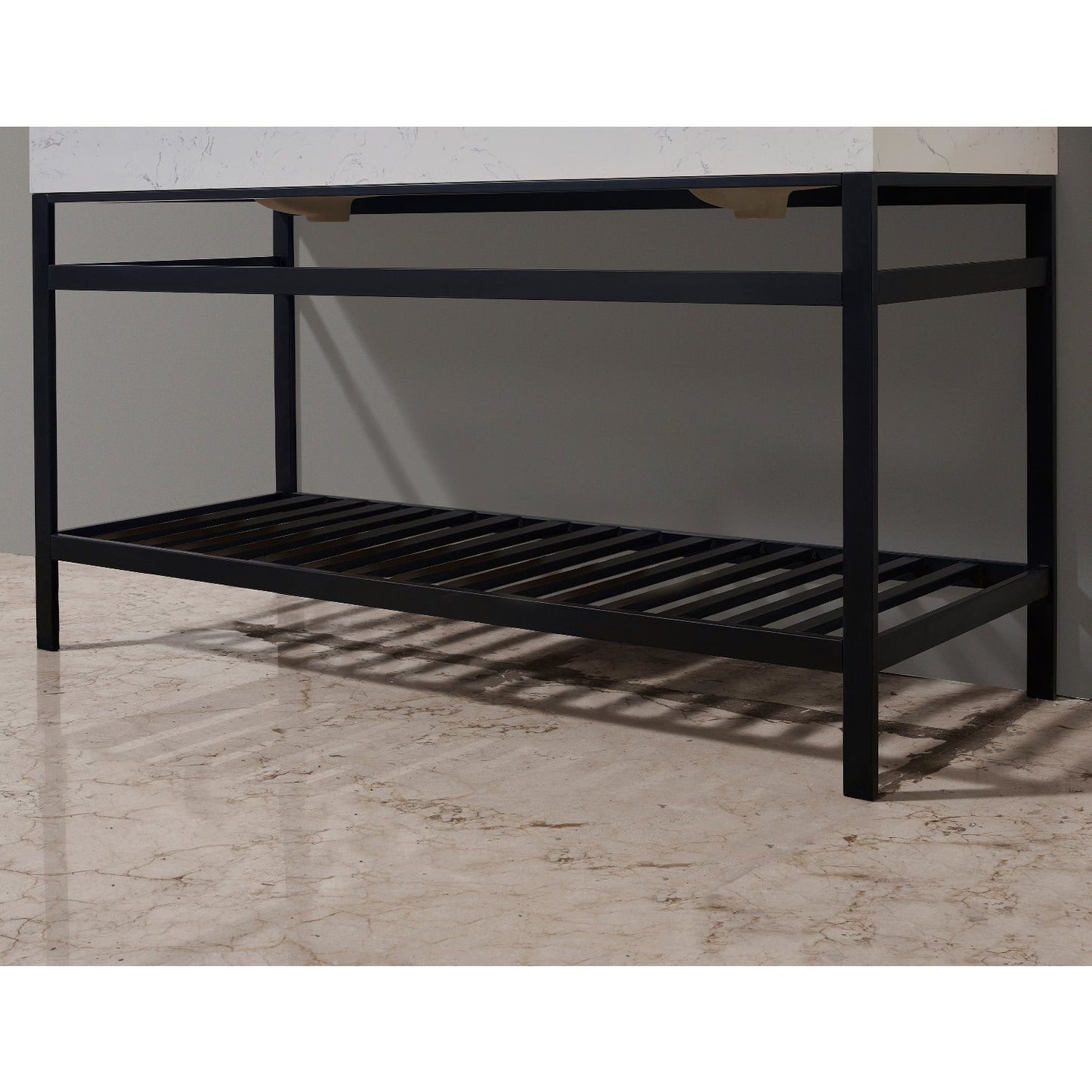 Merano 60" Double Stainless Steel Vanity Console in Matt Black with Aosta White Stone Countertop and Mirror