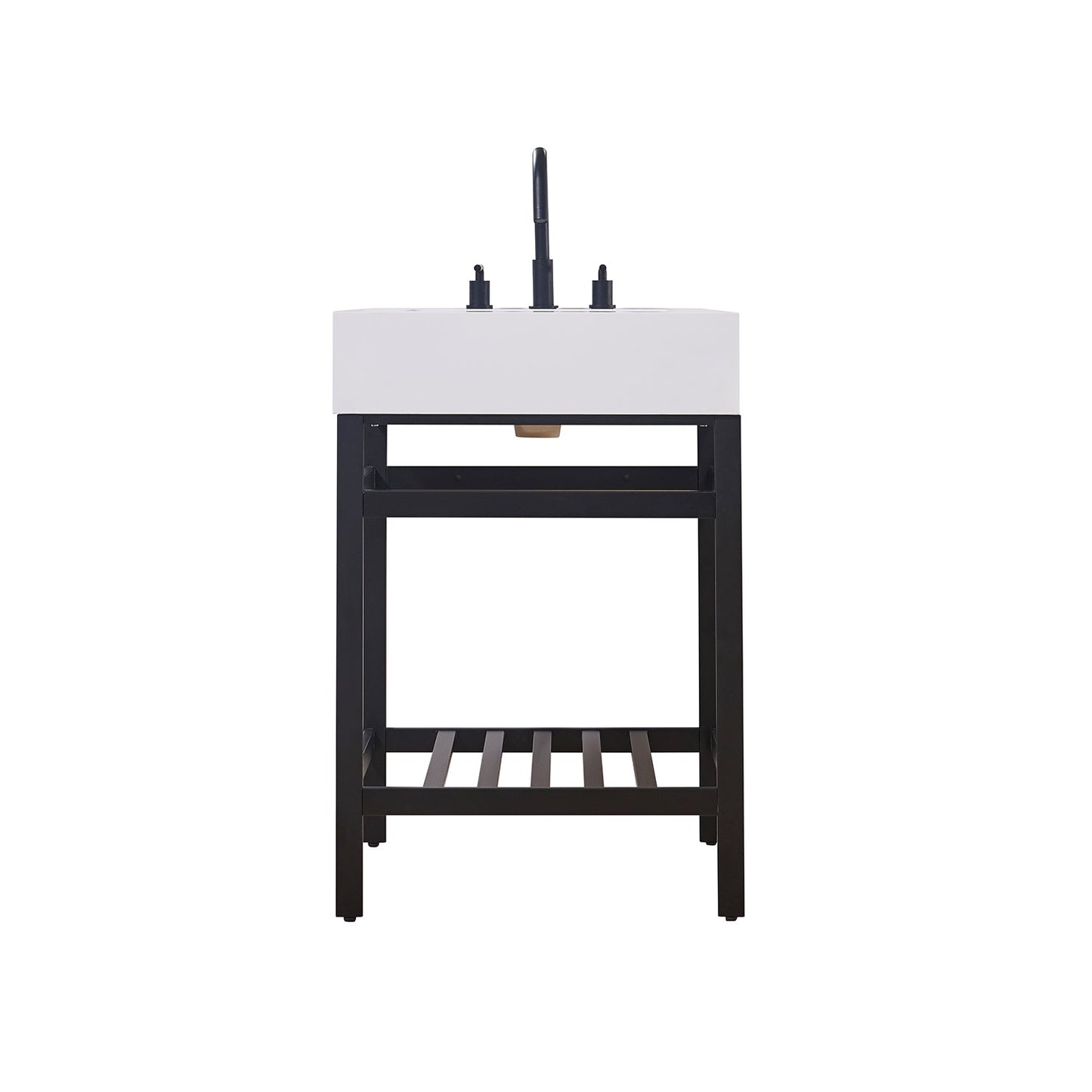 Edolo 24" Single Stainless Steel Vanity Console in Matt Black with Snow White Stone Countertop without Mirror