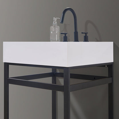Edolo 24" Single Stainless Steel Vanity Console in Matt Black with Snow White Stone Countertop without Mirror