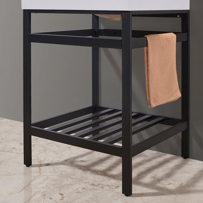 Edolo 24" Single Stainless Steel Vanity Console in Matt Black with Snow White Stone Countertop without Mirror