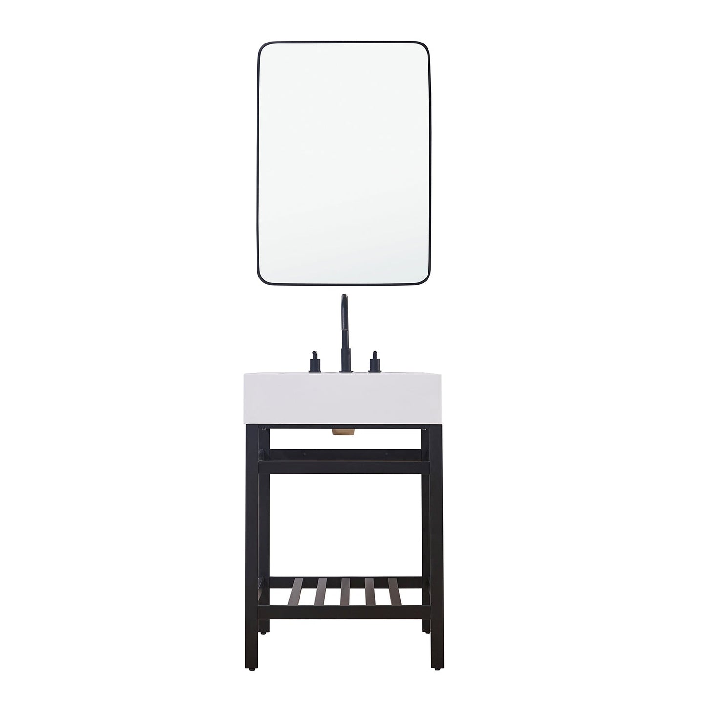Edolo 24" Single Stainless Steel Vanity Console in Matt Black with Snow White Stone Countertop and Mirror