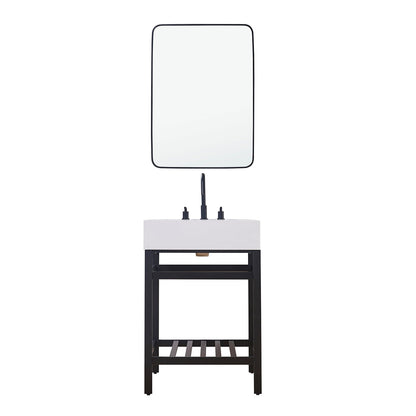 Edolo 24" Single Stainless Steel Vanity Console in Matt Black with Snow White Stone Countertop and Mirror