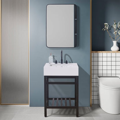 Edolo 24" Single Stainless Steel Vanity Console in Matt Black with Snow White Stone Countertop and Mirror